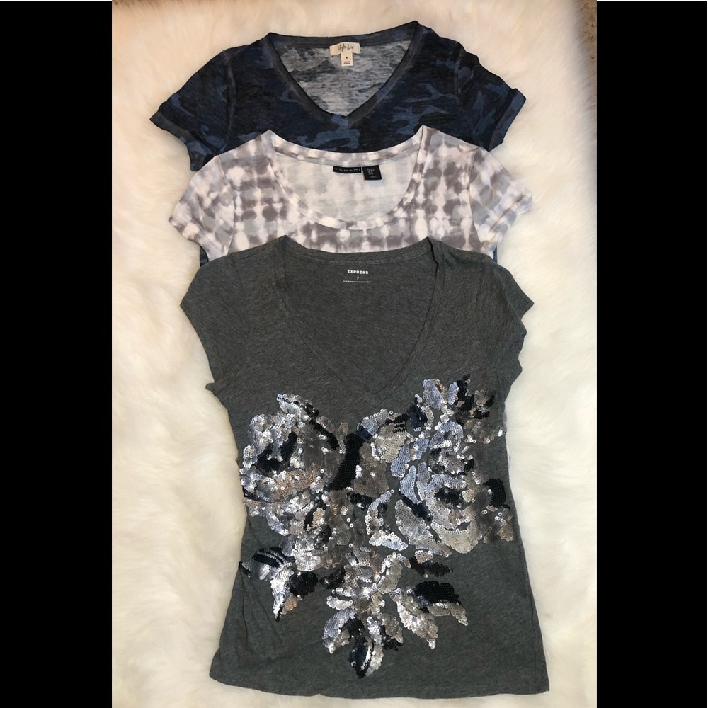 Lot of 3 shirts: sequin, linen and camouflage
